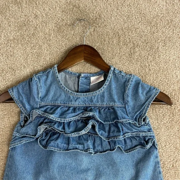 Hanna Andersson Shift Jean Dress Girls Kids Size 110 5 Blue Chambray Ruffle - Picture 2 of 8